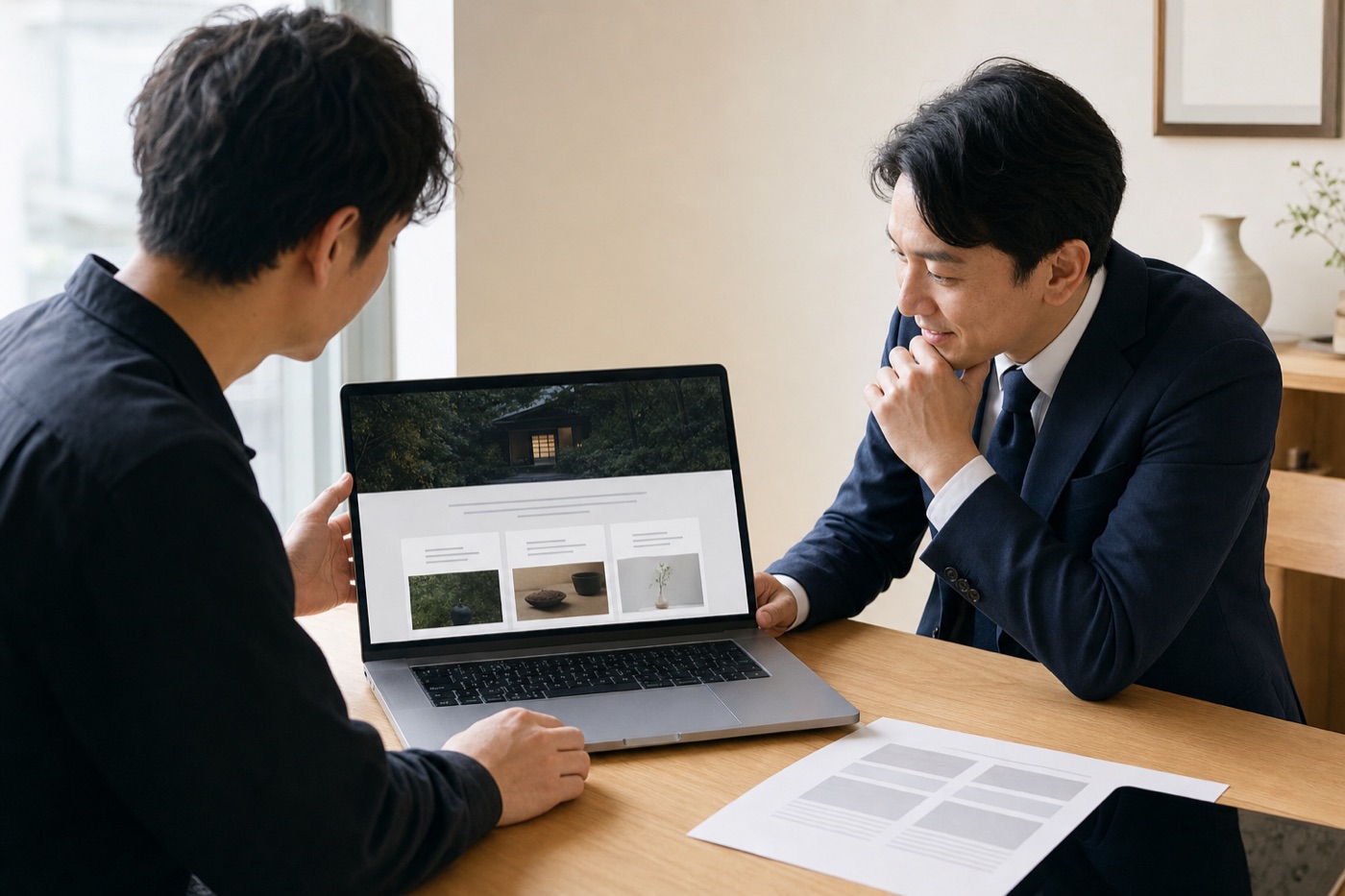 完成したホームページをノートパソコンの画面で見せている場面