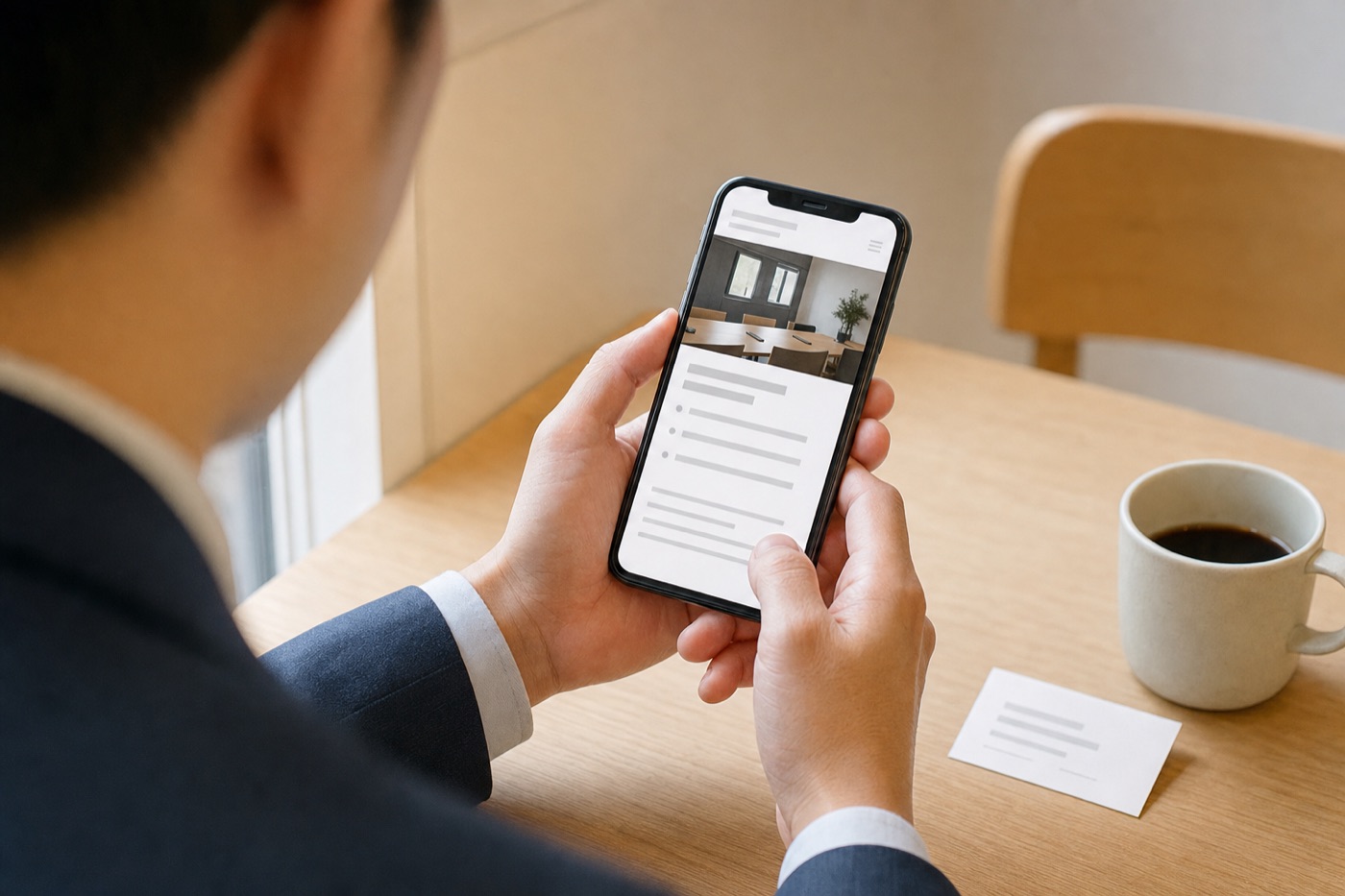 会う前にスマートフォンで事務所のホームページを確認している様子